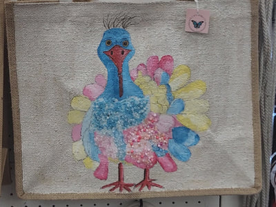 pastel turkey tote bag, Thanksgiving tote bag, turkey tote bag, fall tote bag, beaded turkey jute bag, off white tote bag