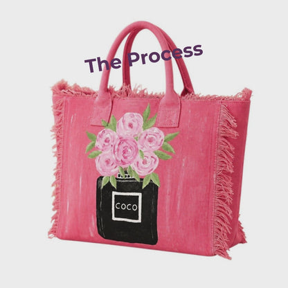process video of fringed tote bags being made by Dana's Uncommon Glass