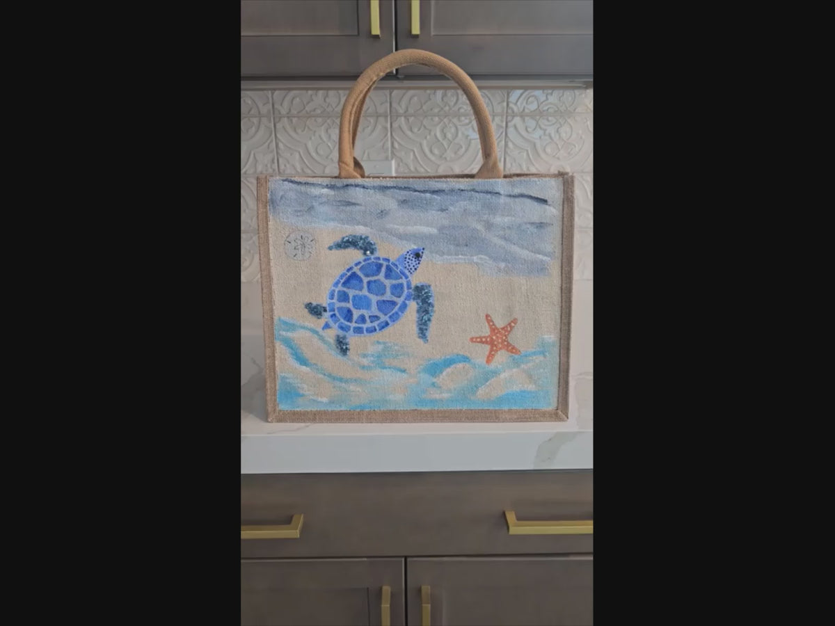 sea turtle tote bag, beach turtle tote, hand painted beaded turtle jute bag, eco-friendly turtle market bag
