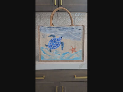 sea turtle tote bag, beach turtle tote, hand painted beaded turtle jute bag, eco-friendly turtle market bag