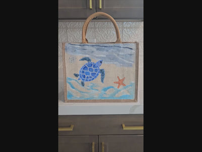 sea turtle tote bag, beach turtle tote, hand painted beaded turtle jute bag, eco-friendly turtle market bag