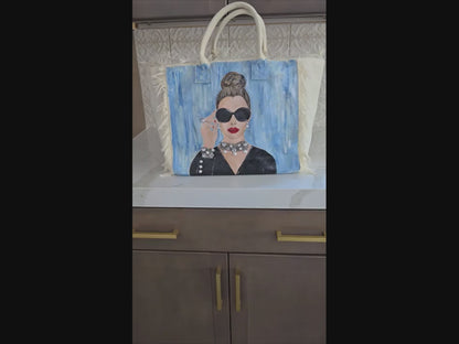 hollywood glam tote bag, white fringed canvas tote, beaded glam tote, hand painted vintage style bag