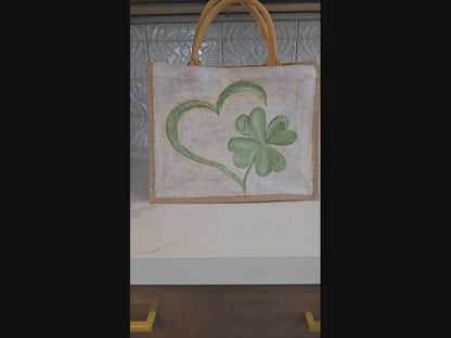 heart and shamrock tote bag, hand painted st patricks tote, beaded off white tote, st patricks gift bag