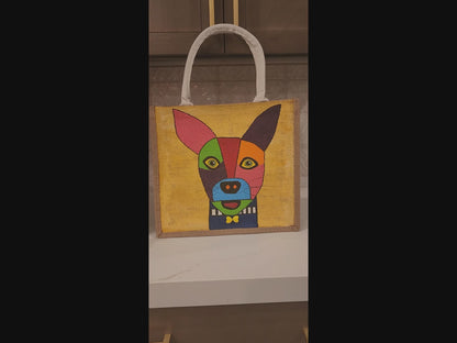 Abstract-Dog-Tote-Bag, Hand-Painted-with-Beads-on-Yellow-Canvas, Artistic-Design