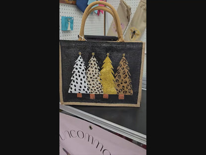 animal print Christmas tree tote bag, hand painted Christmas tote, beaded holiday tote, black jute Christmas market bag