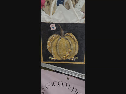 gold pumpkin tote bag, pumpkin tote bag, black tote bag, fall tote bag, Halloween tote bag, beaded pumpkin jute bag