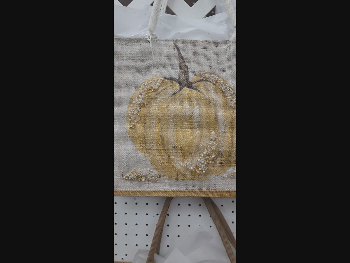 gold pumpkin tote bag, pumpkin tote bag, off white tote bag, fall tote bag, Thanksgiving tote bag, beaded pumpkin jute bag
