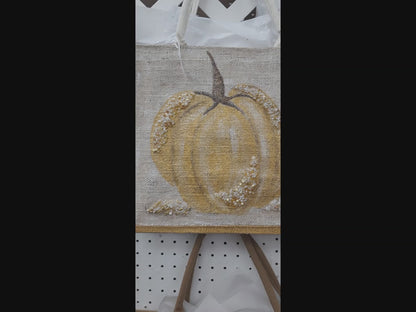 gold pumpkin tote bag, pumpkin tote bag, off white tote bag, fall tote bag, Thanksgiving tote bag, beaded pumpkin jute bag