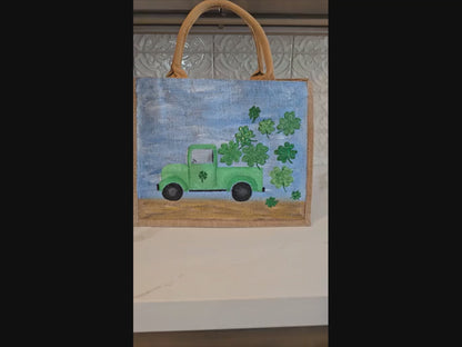 truckload of shamrocks tote, hand painted st patricks tote, beaded blue tote bag, shamrock gift bagn