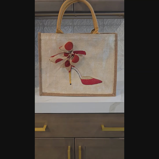 Hand-Painted-Tote-Bag, Red-and-Tan-Polka-Dot-Stilettos, Unique-Artistic-Design