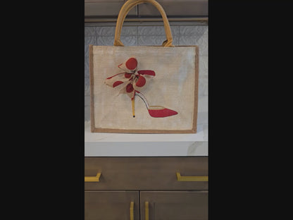 Off white jute tote bag with hand-painted red stilettos featuring tan polka dots, accented with bead details.
