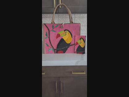 toucan on pink tote bag, tropical bird tote, hand painted toucan jute bag, eco-friendly toucan market bag