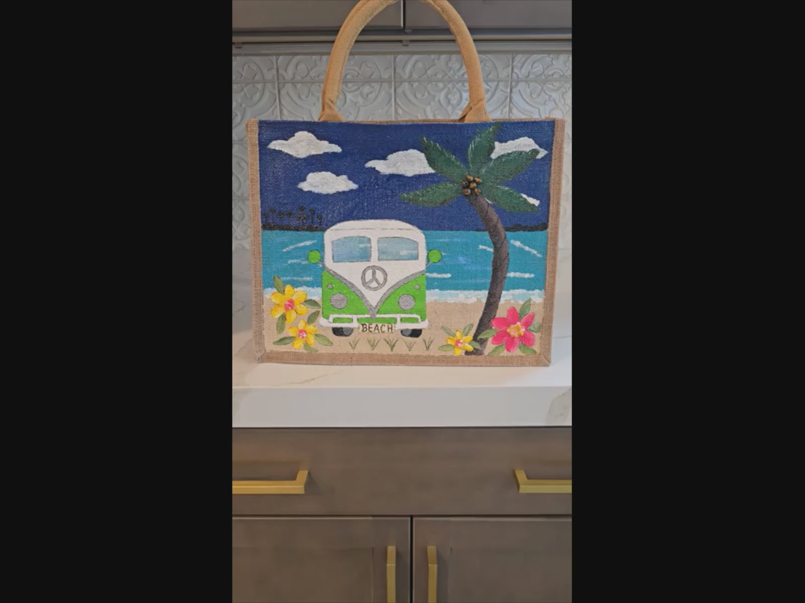video of vintage van tote bag, beach van tote, multicolored tote bag, hand painted beaded van jute bag, eco-friendly beach tote