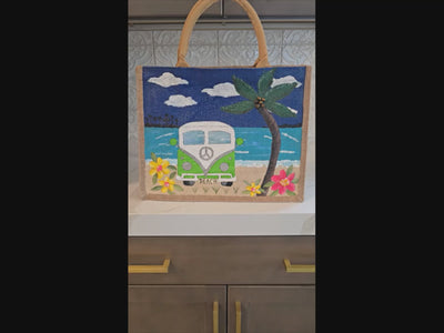video of vintage van tote bag, beach van tote, multicolored tote bag, hand painted beaded van jute bag, eco-friendly beach tote