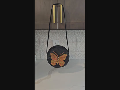 Crossbody Bag - Gold & Copper Butterfly – Hand Painted Black Canvas Crossbody Bag