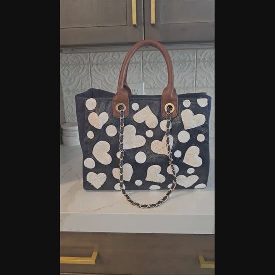 White Hearts Hand Painted -Embellished Canvas Purse