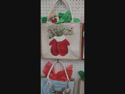 winter mittens tote bag, hand painted Christmas tote, beaded holiday tote, off white jute Christmas bag