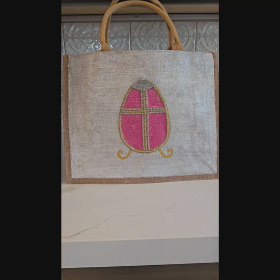 Easter-Tote, Pink-Rhinestone-Egg-Hand-Painted-Canvas-Bag, Artistic-Design