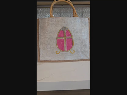 pink rhinestone egg tote bag, hand painted easter tote, beaded pink egg tote, off white tote bag