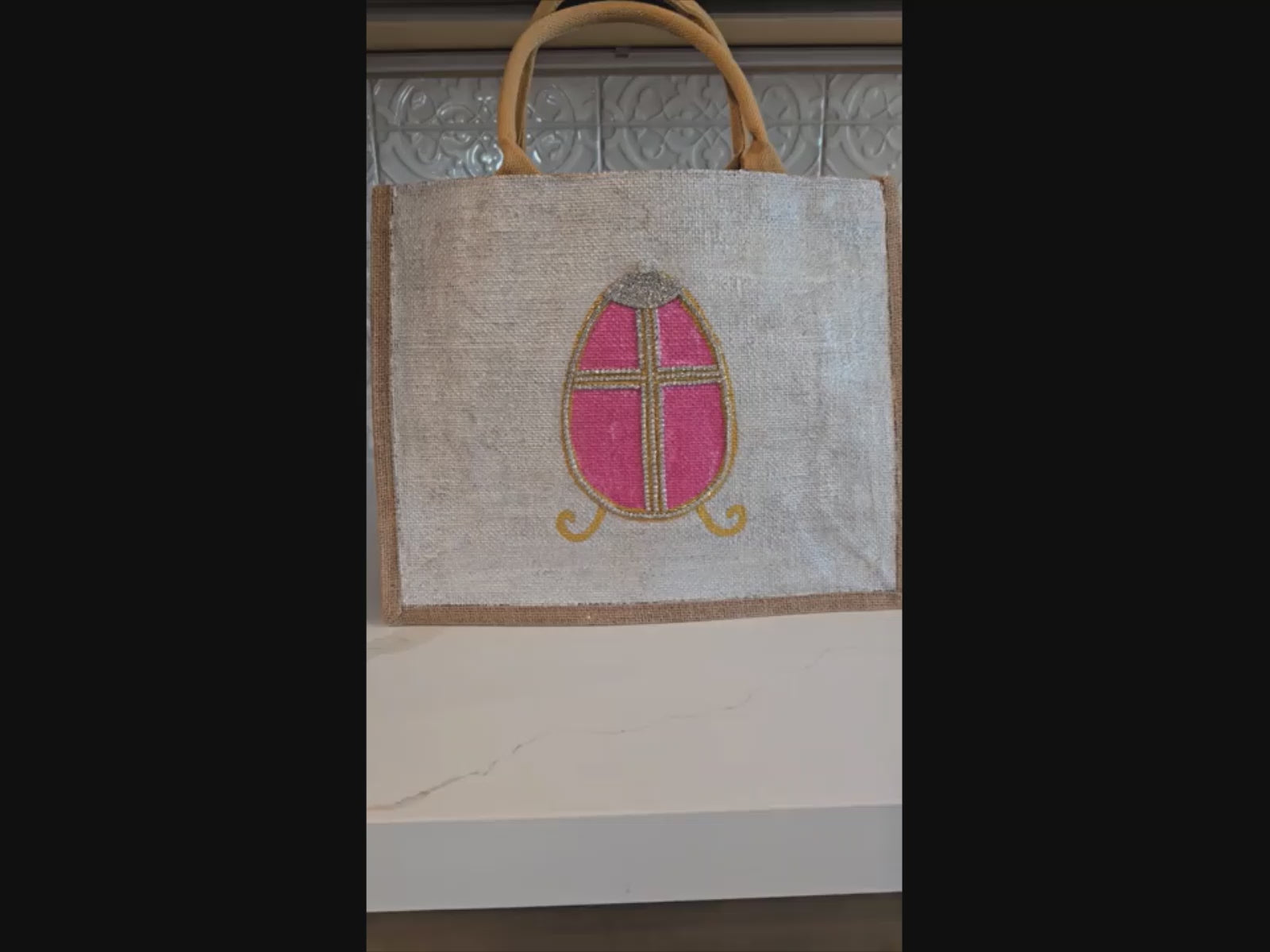 Easter-Tote, Pink-Rhinestone-Egg-Hand-Painted-Canvas-Bag, Artistic-Design