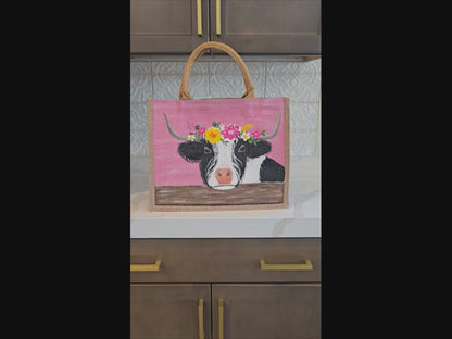 Black & White Highland Cow Tote Bag on Pink Jute – Hand Painted Market Bag