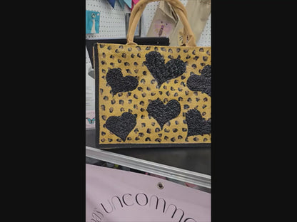Black Beaded Hearts Tote Bag on Leopard Print Jute – Hand Painted Market Bag