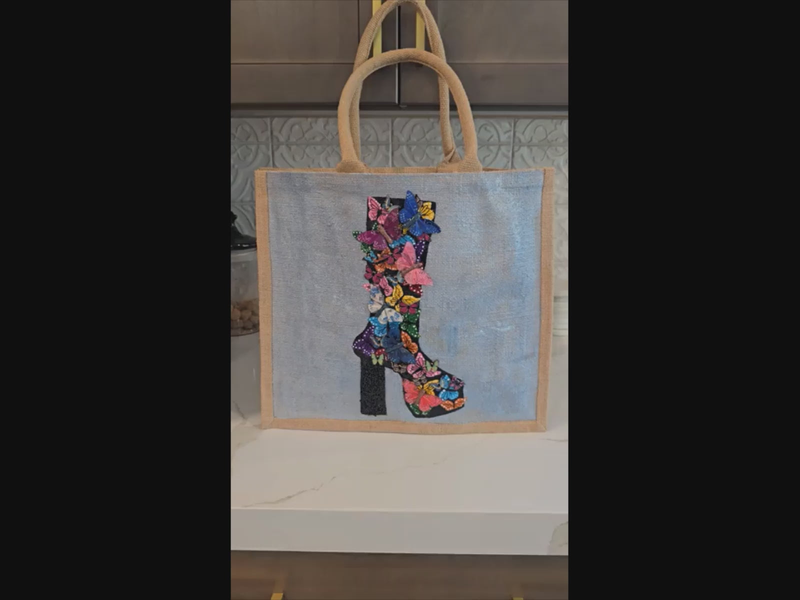 Wings of Style Butterfly Boot Tote Bag.  Black boot covered in 3D butterflies. and beaded heel.
