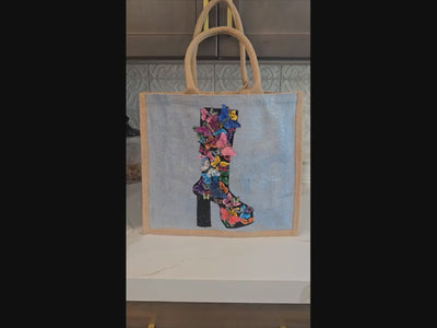 Wings of Style Butterfly Boot Tote Bag.  Black boot covered in 3D butterflies. and beaded heel.