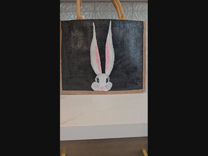 peeking bunny tote bag, hand painted easter tote, beaded black tote bag, bunny gift bag