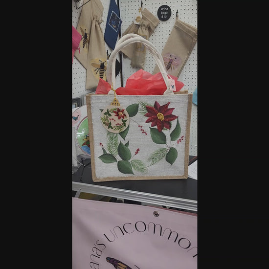 Holiday-Tote, Poinsettia-Hand-Painted-Canvas-Bag, Artistic-Design