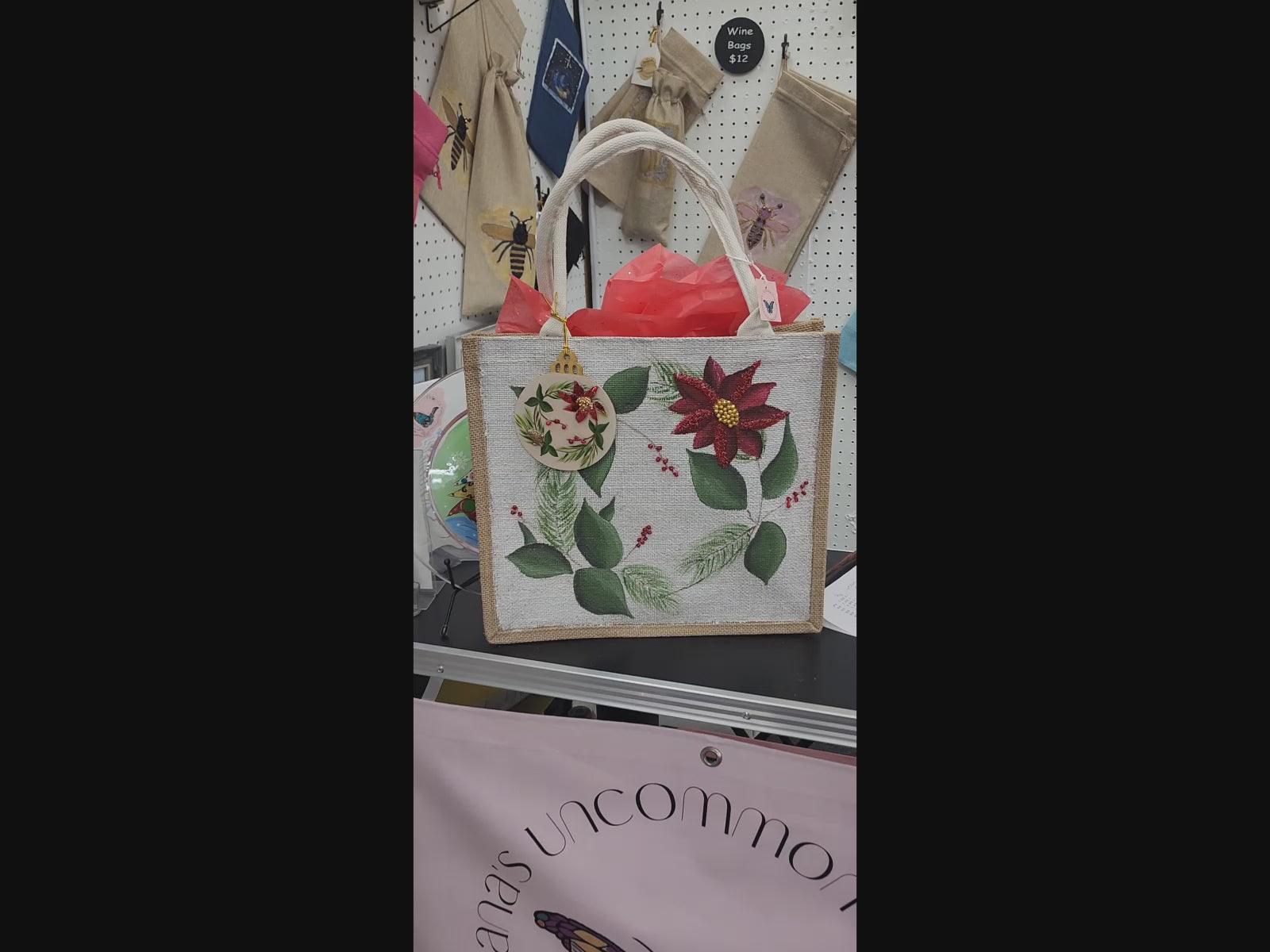 Holiday-Tote, Poinsettia-Hand-Painted-Canvas-Bag, Artistic-Design