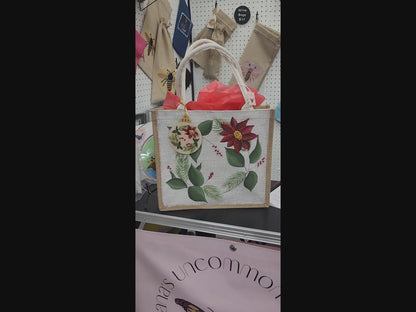 poinsettia tote bag, hand painted Christmas tote, beaded holiday tote, off white jute Christmas market bag