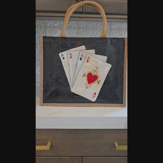 Four-Aces-Tote-Bag, Hand-Painted-Playing-Cards-with-Beads, Unique-Artistic-Design