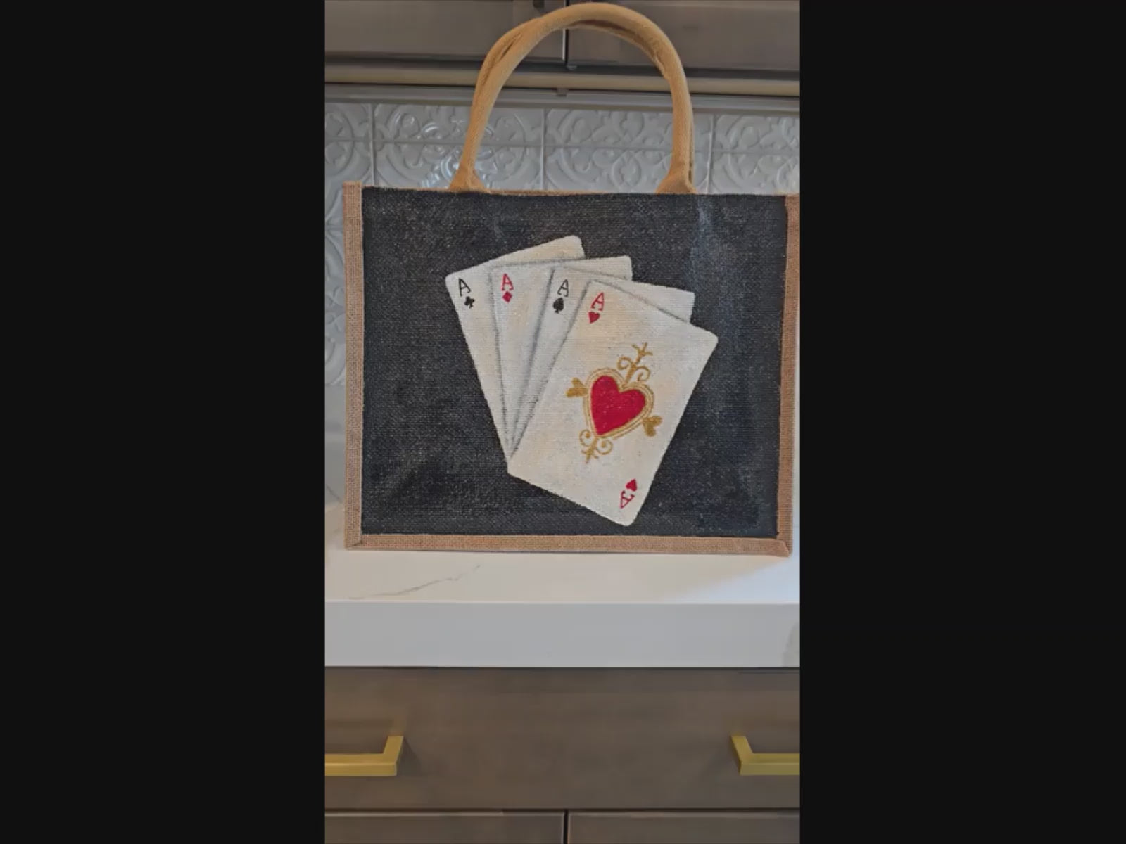 Four-Aces-Tote-Bag, Hand-Painted-Playing-Cards-with-Beads, Unique-Artistic-Design