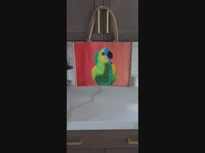 parrot on orange tote bag, tropical parrot tote, hand painted parrot jute bag, eco-friendly bird tote