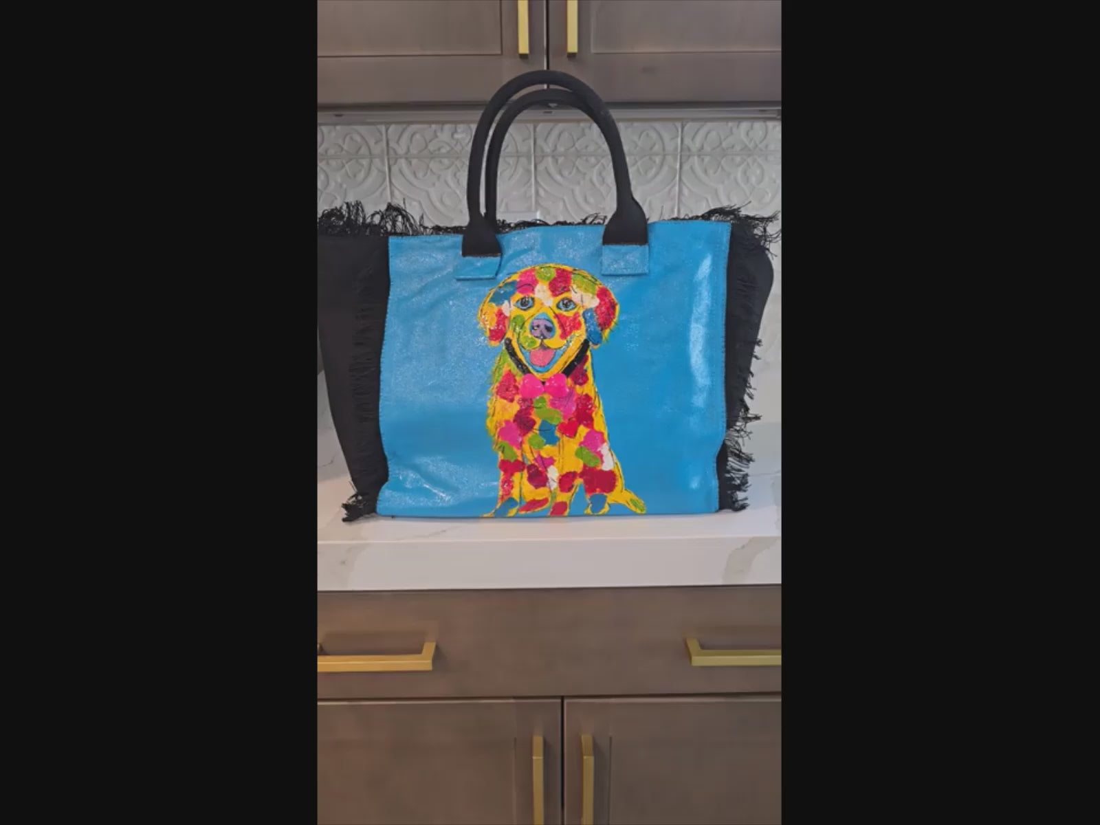 yellow lab tote bag, labrador dog tote, fringed dog tote, black dog tote bag