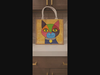 Abstract-Cat-Tote-Bag, Hand-Painted-with-Bright-Beads-and-Charm, Unique-Artistic-Design