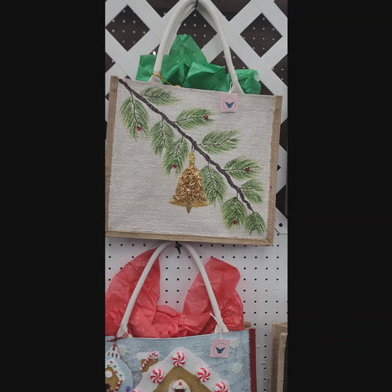 Festive-Hand-Painted-Tote, Pine-Branch-With-Ornament-Design, Unique-Artistic-Design