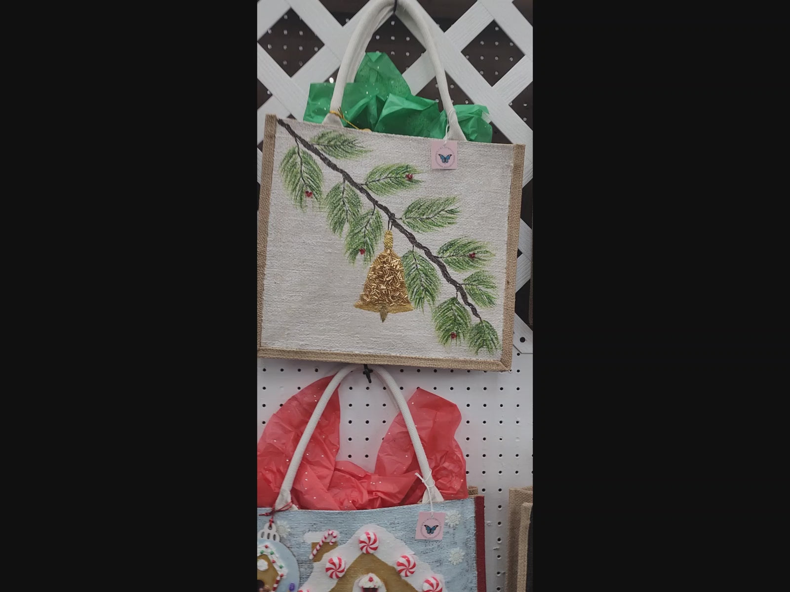 Festive-Hand-Painted-Tote, Pine-Branch-With-Ornament-Design, Unique-Artistic-Design