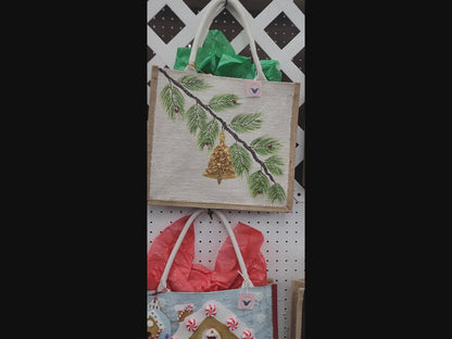 pine branch ornament tote bag, hand painted Christmas tote, beaded holiday tote, off white jute Christmas market bag