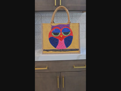 abstract owl tote bag, yellow owl tote, hand painted beaded owl jute bag, eco-friendly owl market bag