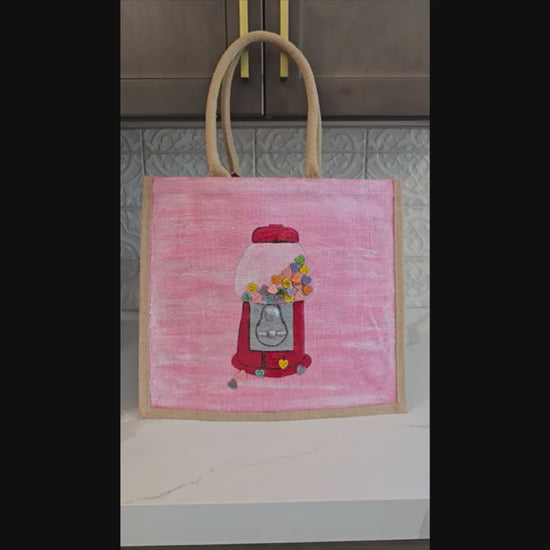 Heart Bubblegum Machine Tote Bag Haned Painted and Embellished by Dana's Uncommon Glass