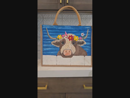 brown highland cow tote bag, blue tote bag, hand painted beaded cow jute bag, eco-friendly animal tote