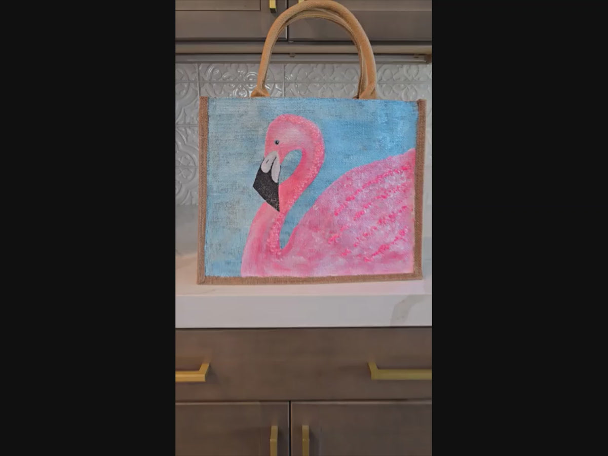 Video of flamingo tote bag, turquoise tote bag, hand painted beaded flamingo jute bag, eco-friendly bird tote