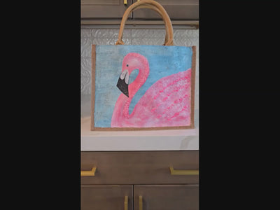 Video of flamingo tote bag, turquoise tote bag, hand painted beaded flamingo jute bag, eco-friendly bird tote