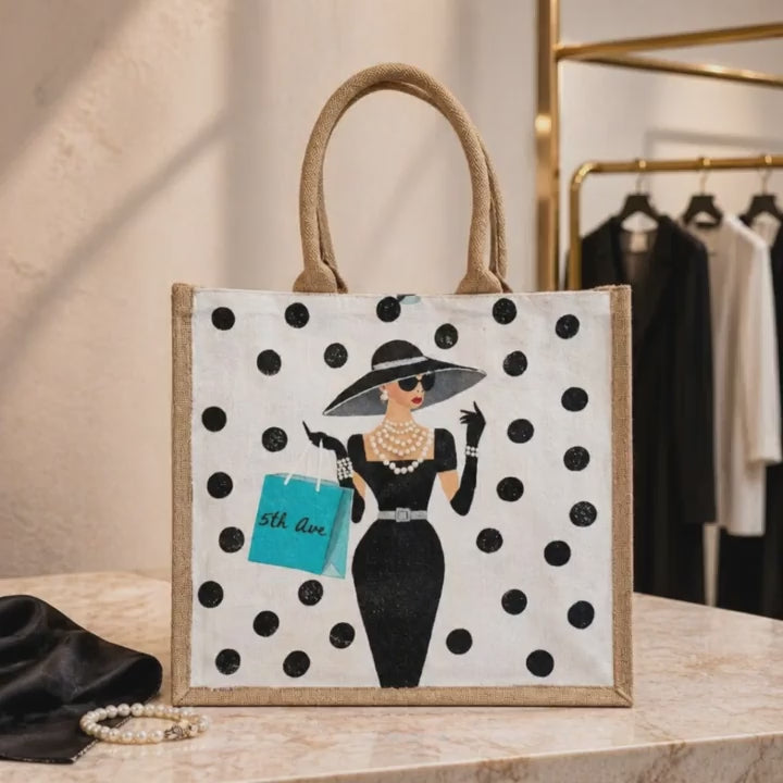 video of Hand-painted 5th Ave shopper tote bag with black and white fashion illustration, polka dots, and turquoise shopping bag detail