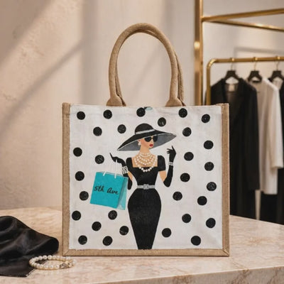 video of Hand-painted 5th Ave shopper tote bag with black and white fashion illustration, polka dots, and turquoise shopping bag detail