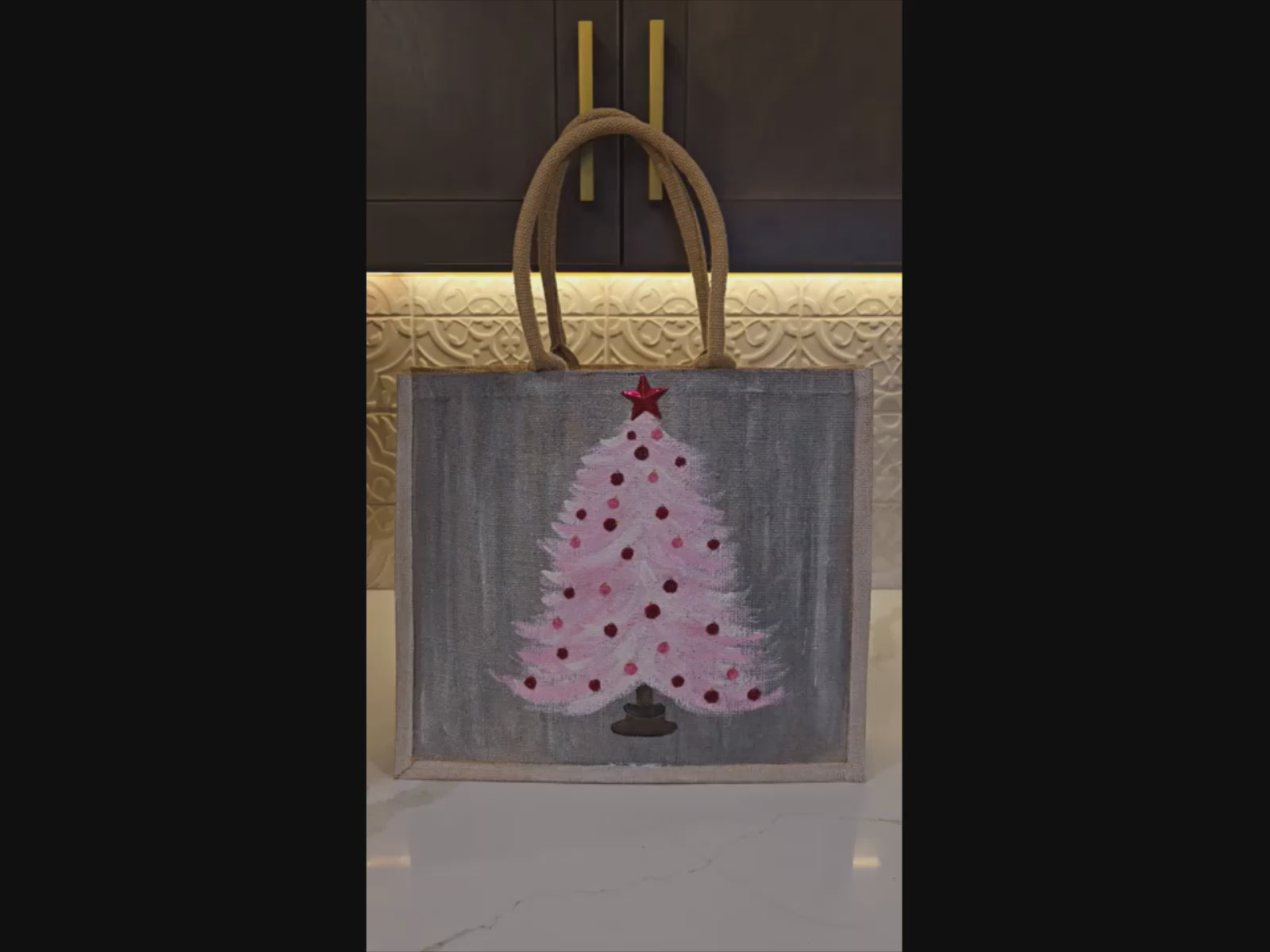 Hand-painted pink Christmas tree with red ornaments on gray, Blush holiday tree tote with star topper on jute bag, 
Modern pink Christmas tote, lined jute with long handles