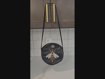 bee crossbody bag, black bee purse, royal bee crossbody, hand painted canvas crossbody bag