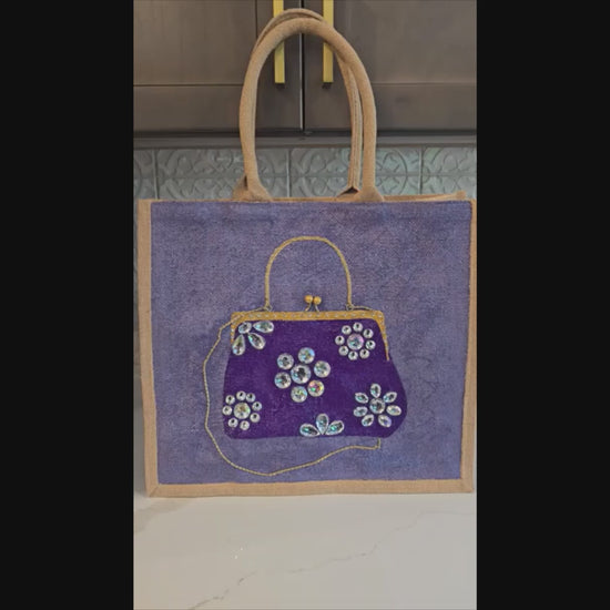 video of Hand-painted amethyst jewel purse tote on purple jute bag